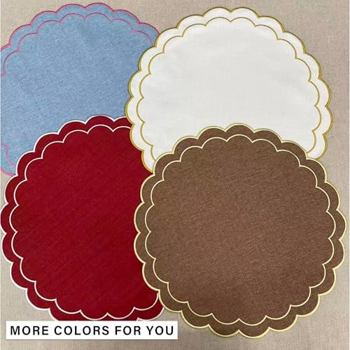 Linen Cotton Placemats Set of 4 Scalloped Flower Embroidery Place Mats 15'' Natural Linen Texture Fabric Machine Washable Table Mats for Restaurant Kitchen,Table Decor(Brown) - Image 6