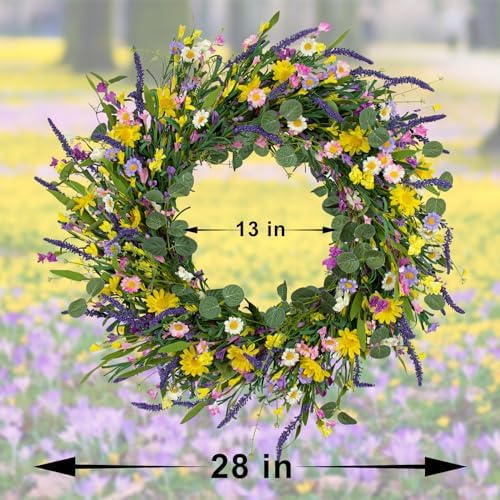 J'FLORU Large Spring Wreaths for Front Door 28 Inch Artificial Spring Wreath Summer Flower Wreath with Daisy and Lavender for Indoor Outdoor Wall Window and Easter Celebration - Image 4