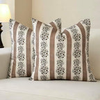 DOMVITUS Floral Throw Pillow Covers 24x24 Inch Set of 2, Block Print Decorative Pillow Covers Vintage Striped Neutral Farmhouse Boho Home Decor for Couch Sofa Bed Living Room, Brown by Domvitus