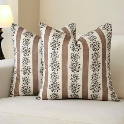 DOMVITUS Floral Throw Pillow Covers 24x24 Inch Set of 2, Block Print Decorative Pillow Covers Vintage Striped Neutral Farmhouse Boho Home Decor for Couch Sofa Bed Living Room, Brown by Domvitus