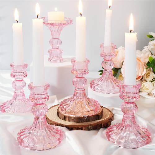 Suclain 24 Pcs Glass Candle Holder Set 12 Candlestick White Candles,Pink - Image 2