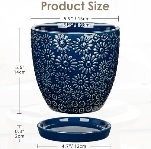 Hollyone 6 Inch Blue Ceramic Planter Flower Plant Pot with Drainage Hole and Saucer for Plants Embossed Indoor Outdoor Garden Embossed Ceramic Glazed Round Pot for Succulent Orchid Sunshine Pattern - Image 2