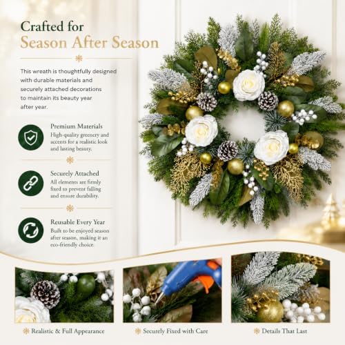 28 Inch Christmas Wreath for Front Door, White Rose Gold Winter Wreath - Image 4