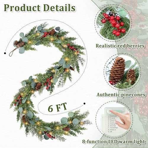 6ft Christmas Garland with Lights Artificial Cedar Cypress Garland with Pine Cones Garland for Home Fireplace Wall Indoor Outdoor Holiday Party Decoration - Image 5