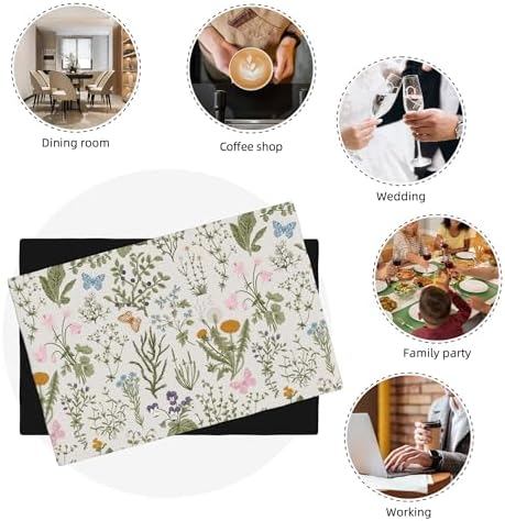 Spring Floral Placemats Set of 6, Natural Garden'S Spring Floral Botanical Butterfly Kitchen Dining Party Washable Table Runner Decor, 12x18 Inches - Image 6