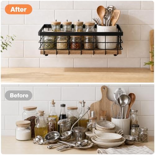 TJ.MOREE Small Metal Wire Basket, Decorative Wood Base Organizer for Bathroom, Kitchen, Basket for Toilet Paper Storage, Sugar Packet, Coffee Syrup, Guest Towel, Napkin(Black 2 Packs) - Image 5