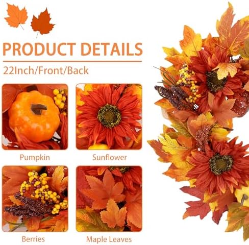 22" Fall Wreaths for Front Door Outside with Maple Leaves Pumpkin Red Sunflower Berries, Fall Decorations for Home,Artificial Autumn Door Wreath for Outside, Window, Wall, Thanksgiving Décor - Image 2