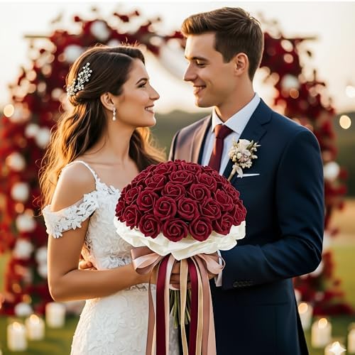 Auihiay 104PCS Burgundy Roses, Faux Roses, Artificial Flowers Roses - Image 4