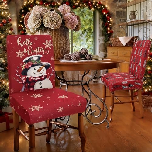 Christmas Chair Covers Set of 6 Snowman Xmas Tree Stretch Parsons Slipcover - Image 2