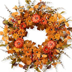 Artificial Fall Wreath 22 Inch Fall Wreaths for Front Door with Orange Pumpkins Berries Daisies Eucalyptus Leaves Autumn Door Wreaths for Thanksgiving Harvest Festival Wall Porch Farmhouse by MAINGKAUNG