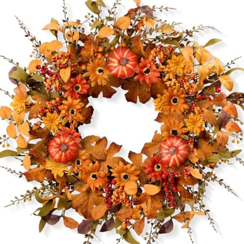 Artificial Fall Wreath 22 Inch Fall Wreaths for Front Door with Orange Pumpkins Berries Daisies Eucalyptus Leaves Autumn Door Wreaths for Thanksgiving Harvest Festival Wall Porch Farmhouse by MAINGKAUNG