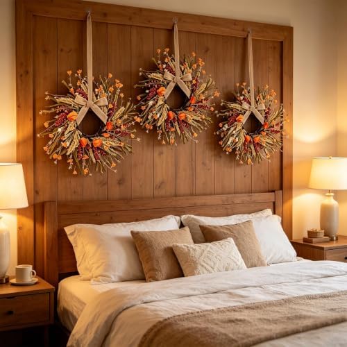 8 Pcs Mini Fall Wreaths for Kitchen Cabinet Thanksgiving Artificial Wreaths Autumn Hanging Wreath Harvest Candle Rings for Cabinets Farmhouse with Ribbon for Front Door Porch Wall Window Decoration - Image 6