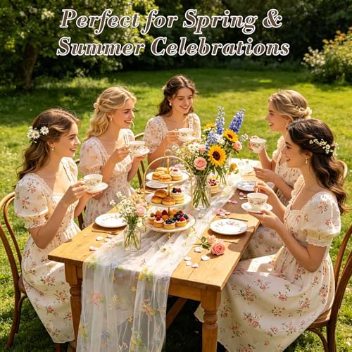 4 Pack White Wildflower Floral Table Runner 120", Embroidered Tulle Gauze for Wedding Reception, Boho Vintage Spring Summer Table Decor - Image 5