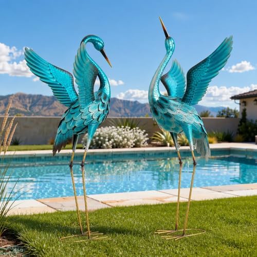 47.5" Metal Crane Statue, Extra-Large Blue Heron Decor Set of 2 by Unknown