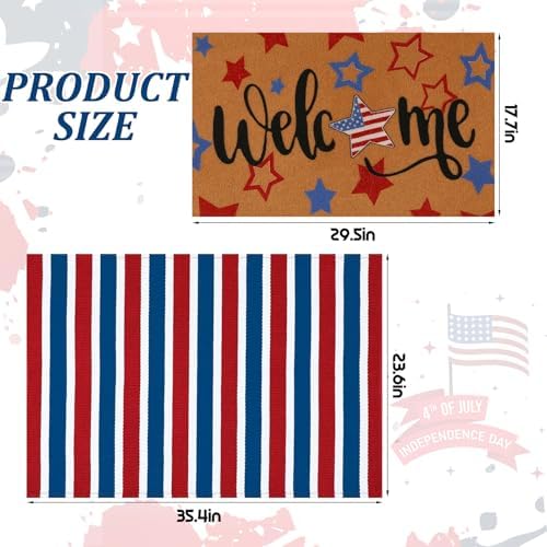 Honoson 2 Pcs Patriotic Doormat Set, 4th of July Red White Blue Stripe Mat - Image 2