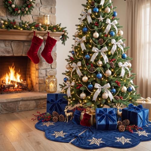 Hollowfly Navy Blue Velvet Christmas Tree Skirt with Sequin Snowflake 48'' - Image 6