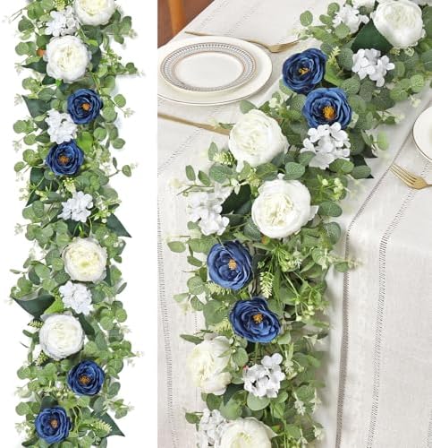 2 Pack 6.2Ft Blue White Flower Garland Artificial Eucalyptus Flower Garland by Betylifoy