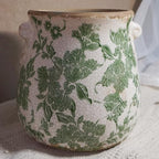 Vintage Ceramic Vase with Green Floral Pattern, White and Green, Crackle Glazed Finish, Decorative Garden Design (Large - Belly Jar with Drainage Hole) by SincereLuxe