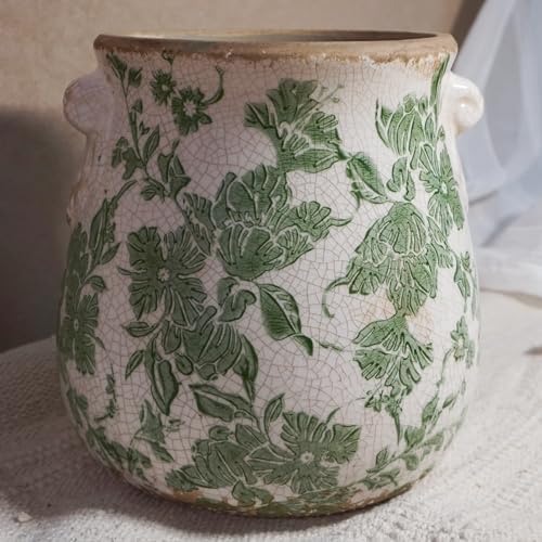 Vintage Green and White Ceramic Floral Vase Planter, Rustic Crackle Glaze Pottery Jar, Hand-Painted Floral Pot Design for Flowers or Plants, Farmhouse & Cottage Home Decor Accent by SincereLuxe