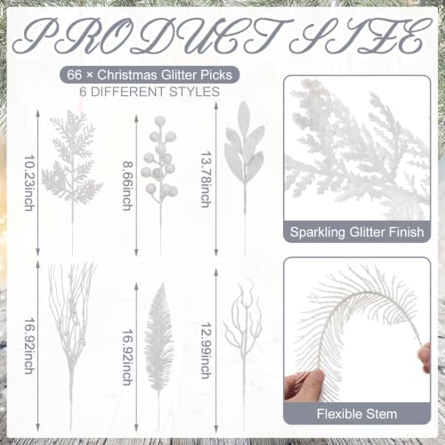 White 66 Pcs Christmas Glitter Picks and Sprays, Xmas Artificial Floral Stems Branches Berry Leaf Pine for Tree Topper Wreath Garland Centerpiece Holiday Party Home Decor - Image 2