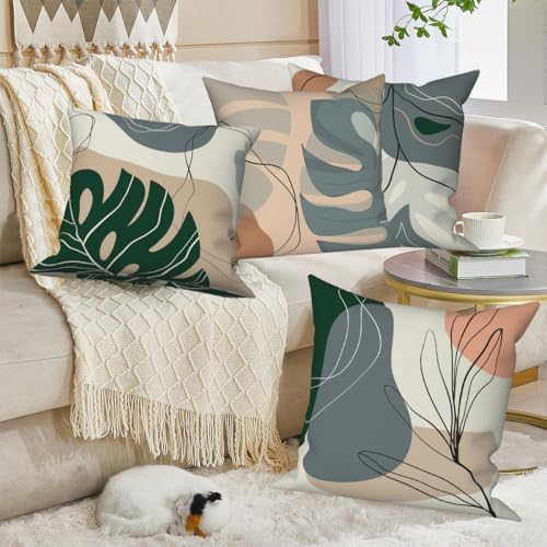 Abstract Leaves Throw Pillow Covers 24''x24'' Set of 4, Geometric Pattern Cushion Covers Minimalist Tropical Palm Trees Pillowcases for Couch Sofa Bedroom Farmhouse Livingroom Garden Patio - Image 4