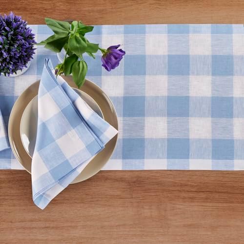 Solino Home 100% Pure Linen Table Runner, 14 x 120 in, Blue and White Check - Image 3