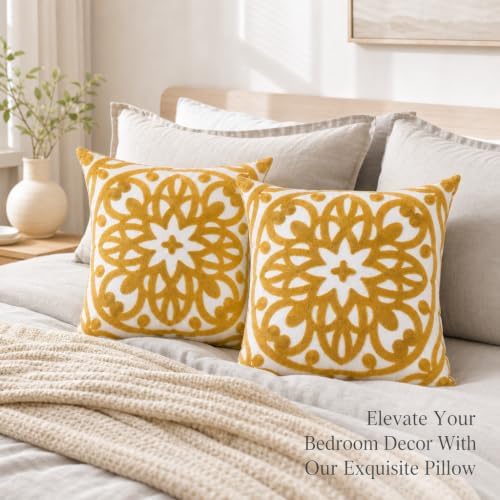 Alysheer Boho Embroidered Throw Pillow Cover 18"x18", 2pcs Mustard Yellow - Image 3