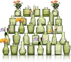 Glass Bud Vases Set of 32 - Green Assorted Small Mini Glass Vases for Flowers, Crystal Vintage Vase Set, Bulk Centerpieces for Table Décor, Wedding, Home and Events (Green, 32 Pcs) by Unknown