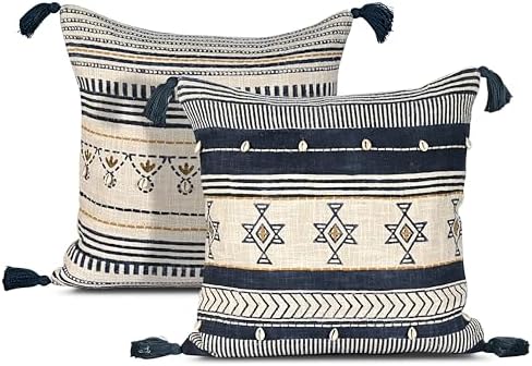 Ridhi Hand Block Print Cotton Throw Pillow Cover, Navy & Gold 18x18 Set 2 by Ridhi