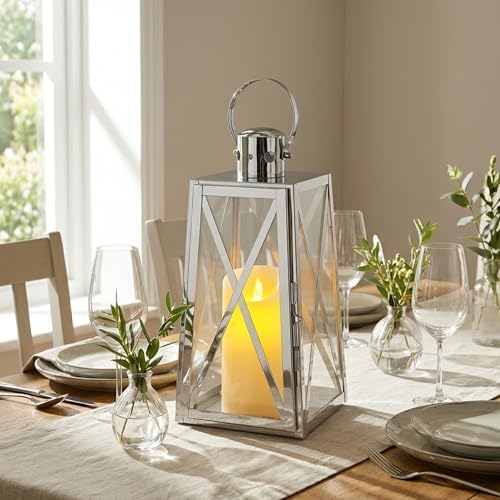 TRIROCKS Stainless Steel Decorative Lantern 12'' H Metal Candle Holder Hanging Candle Lantern with Tempered Glass for Christmas Home Decor Living Room Parties Events Indoor Outdoor(Silver Trapezoid) - Image 4