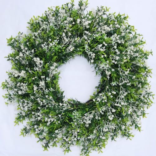 28'' Large Boxwood Wreath with Baby's Breath and White Seed Front Door Porch Window Decor Spring Summer Autumn Winter Greenery Outdoor Indoor Artificial Leaves Flowers for Home Farmhouse Wall Decor by WelcometoAuelisyai