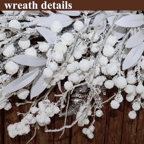 20 Inch Snow Flocked White Berry Winter Wreath with Twig & Leave- Artificial Christmas Wreaths for Front Door Porch Wall Window Porch Fireplace Outdoor Décor - Image 2