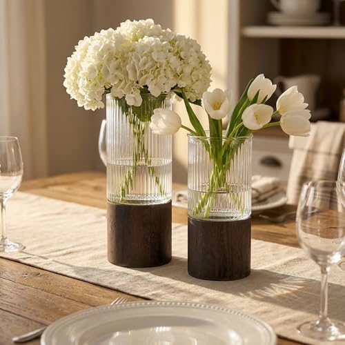 Ribbed Glass Flower Vase Set of 2 with Dark Wood Bases, 10 and 8 Inch Tall - Image 6