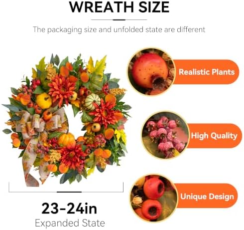 Fall Wreaths for Front Door 24 Inch Autumn Wreath Rustic Fall Decor - Image 2