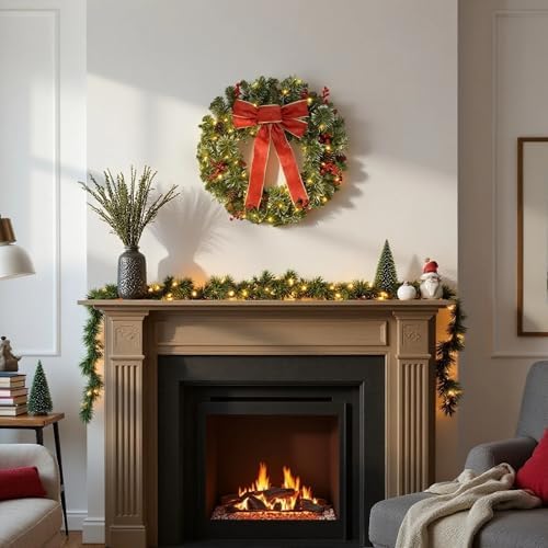 Christmas Wreath Front Door Wreath - 24 Inch Pre-Lit Outdoor Wreaths for Front Door Battery Operated 55 White Lights Bulbs Christmas Decoration Wall Wreath Outside DiliComing - Image 3