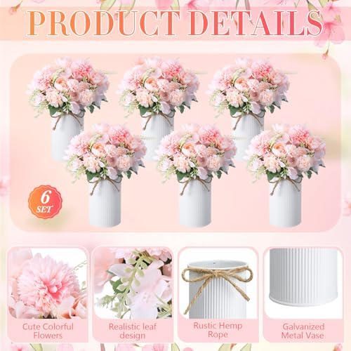 Domensi 6 Sets Wedding Centerpiece for Table Decoration Light Pink Artificial Fake Rose Flower with Metal Vase Faux Silk Rose Bouquet Floral Arrangement for Bridal Shower Home Dining - Image 5