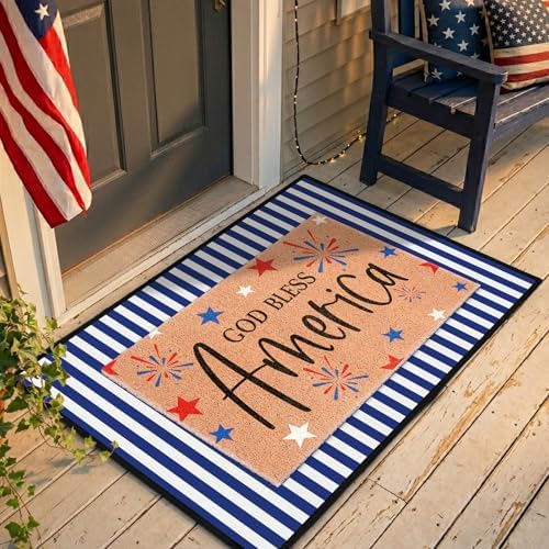 2 Pcs God Bless America Door Mats, 4th of July Patriotic Welcome Mat Non-Slip Coir Doormat with Blue White Stripes, Layered Rug for America 250th Anniversary, Front Porch Entryway Decor by Unknown