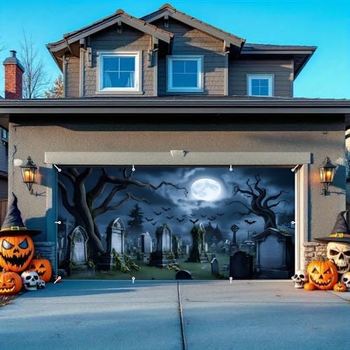 Halloween Garage Door Cover 7x16ft Spooky Graveyard Halloween Garage Door Banner Creepy Hallows' Decorations for 2 Car Garages Cemetery Backdrop for Wall Large Banners - Image 4