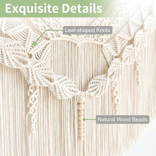 Large Macrame Wall Hanging 43"x32" - Handmade Woven Tapestry Boho Wall Decor for Bedroom Living Room Sofa Backdrop Natural Cotton Rope Long Fringe Tassel Bohemian Home Wall Art Decor with Wood Beads (Beige-B) - Image 4