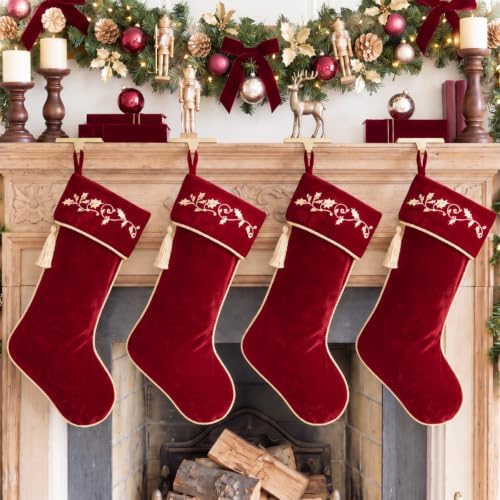Kinlop 4 Pcs 18 Inch Dark Red Velvet Christmas Stockings, Embroidered by Kinlop