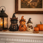 Vintage Witch Cat & Dog Decor Set, 3PCS Halloween Witch Cat & Dog Figurines, Rustic Black Cats Dogs Pumpkin Statues, Farmhouse Fall Decorations for Mantel, Bookshelf and Table (Cat) - Image 2