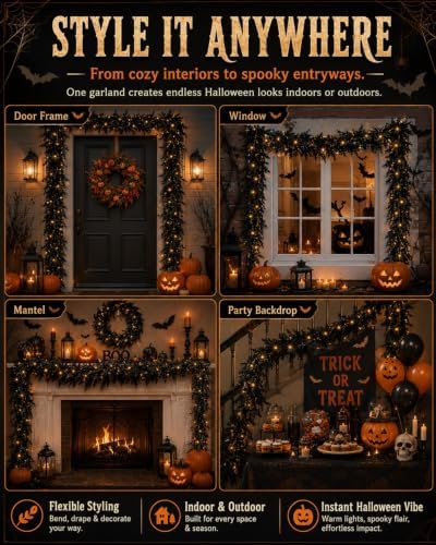 Halloween Fireplace Decor Set with LED Lights Black Vine Garland for Mantel - Image 3