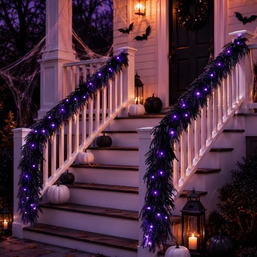 N&T NIETING 9FT Black Halloween Pre-Lit Garland with 70 LED Lights Real Touch Artificial Norfolk Pine Garlands for Table Fireplace Holiday Indoor Outdoor Halloween Decorations (1 Pcs) - Image 4