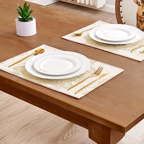 Loom and Mill Luxury Damask Placemats Set of 4, Pearly Beige, 12x18in - Image 7