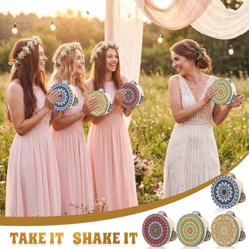 Boao 12 Pcs 4 Inch Mandala Tambourines Bulk Wooden Hand Drum with Metal Jingles Decorative Boho Percussion Instrument for Adults, Church, Wedding, Dance, Party Favors, Photography Props - Image 4