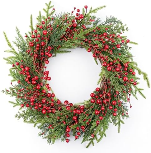 20 Inches Classic Christmas Wreath Rustic Christmas Wreaths for Front Door Xmas Winter Wreath with Green Norfolk Pine Needle Red Berry for Door Window Porch Wall Indoors Outside by DIYFLORU