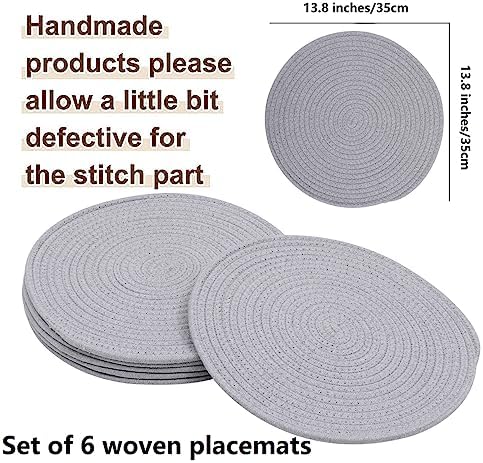 6 Pack Cotton Woven Placemats, 13.8 inches Round Plate Chargers Grey Thick Placemat Set Cotton Rope Braided Tablemats Rattan Tablemats Rustic Weave Placemats for Dining Table - Image 2
