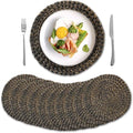 10 Pack, Round Woven Placemats, Natural Water Hyacinth Wicker Place Mats, Braided Straw Table Mats for Dining Table, Fall, Halloween, Thanksgiving, Christmas, Black (13.8 inch) by YANGQIHOME
