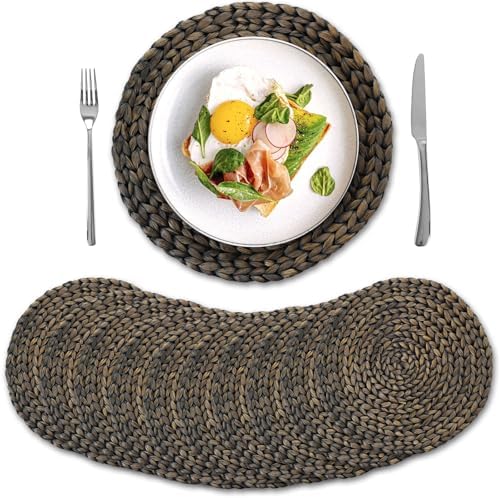 10 Pack, Round Woven Placemats, Natural Water Hyacinth Wicker Place Mats, Braided Straw Table Mats for Dining Table, Fall, Halloween, Thanksgiving, Christmas, Black (13.8 inch) by YANGQIHOME
