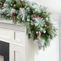 9ft Artificial Christmas Snow Garland with 50 led Lights Timer, Pine Cone, Christmas Red Berry Garlands Battery Powered Outdoor String for Mantle Stairs Railing Fireplace Door by INSTREECHRISTMAS